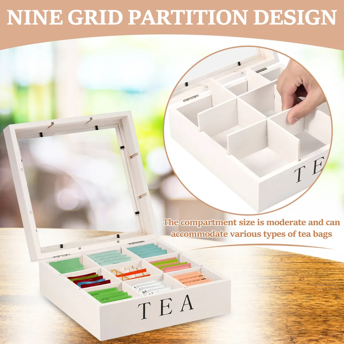 Wooden Tea Bag Storage Box Organizer with Clear Lid, 9 Compartment Square Desktop Container for Tea, Jewelry, Craft Supplies, Home Office showcase 5