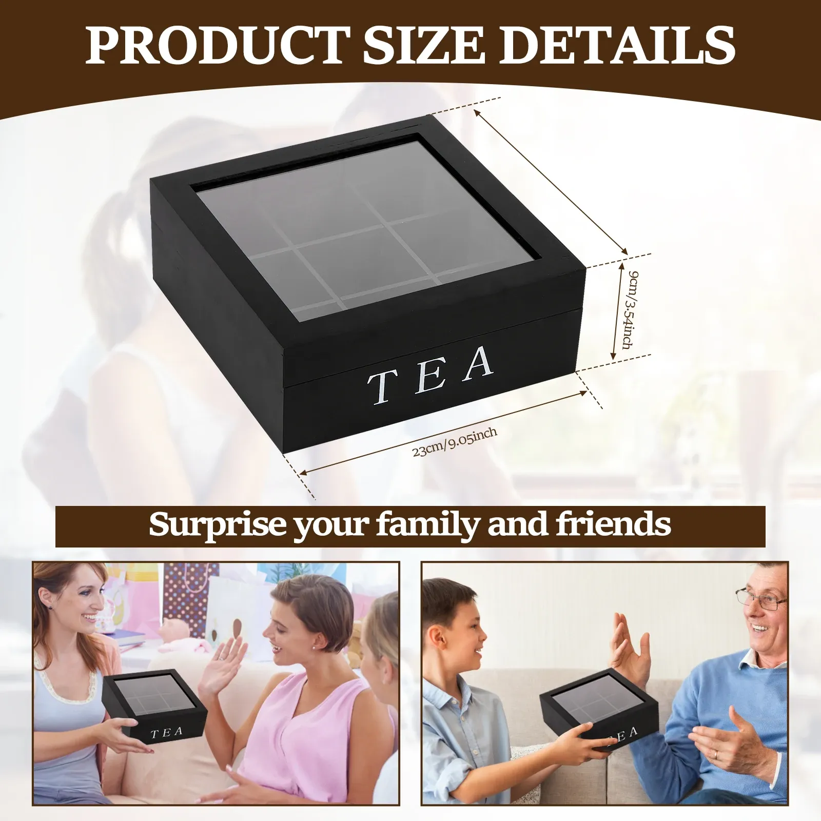 Wooden Tea Bag Storage Box Organizer with Clear Lid, 9 Compartment Square Desktop Container for Tea, Jewelry, Craft Supplies, Home Office thumbnail 6