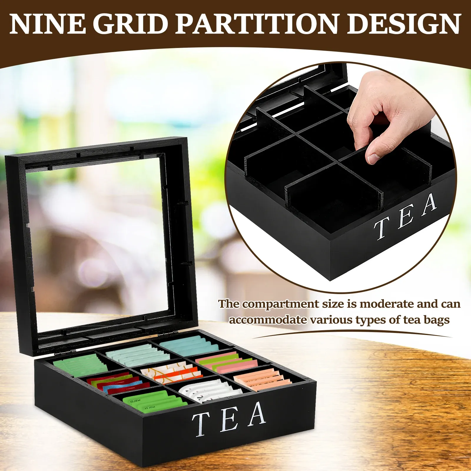 Wooden Tea Bag Storage Box Organizer with Clear Lid, 9 Compartment Square Desktop Container for Tea, Jewelry, Craft Supplies, Home Office thumbnail 2