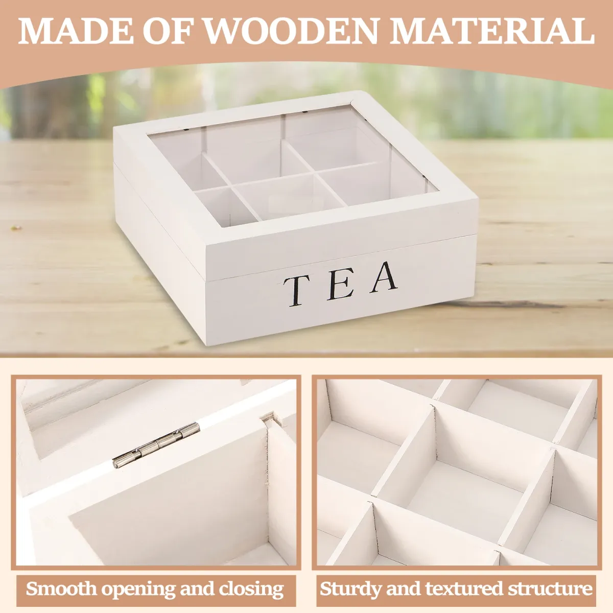Wooden Tea Bag Storage Box Organizer with Clear Lid, 9 Compartment Square Desktop Container for Tea, Jewelry, Craft Supplies, Home Office showcase 7