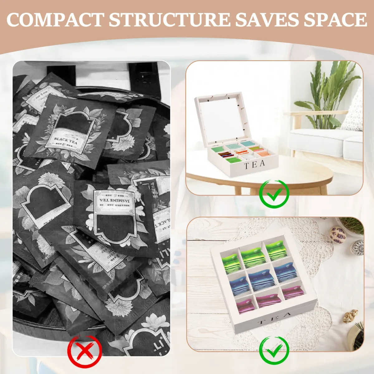 Wooden Tea Bag Storage Box Organizer with Clear Lid, 9 Compartment Square Desktop Container for Tea, Jewelry, Craft Supplies, Home Office showcase 8