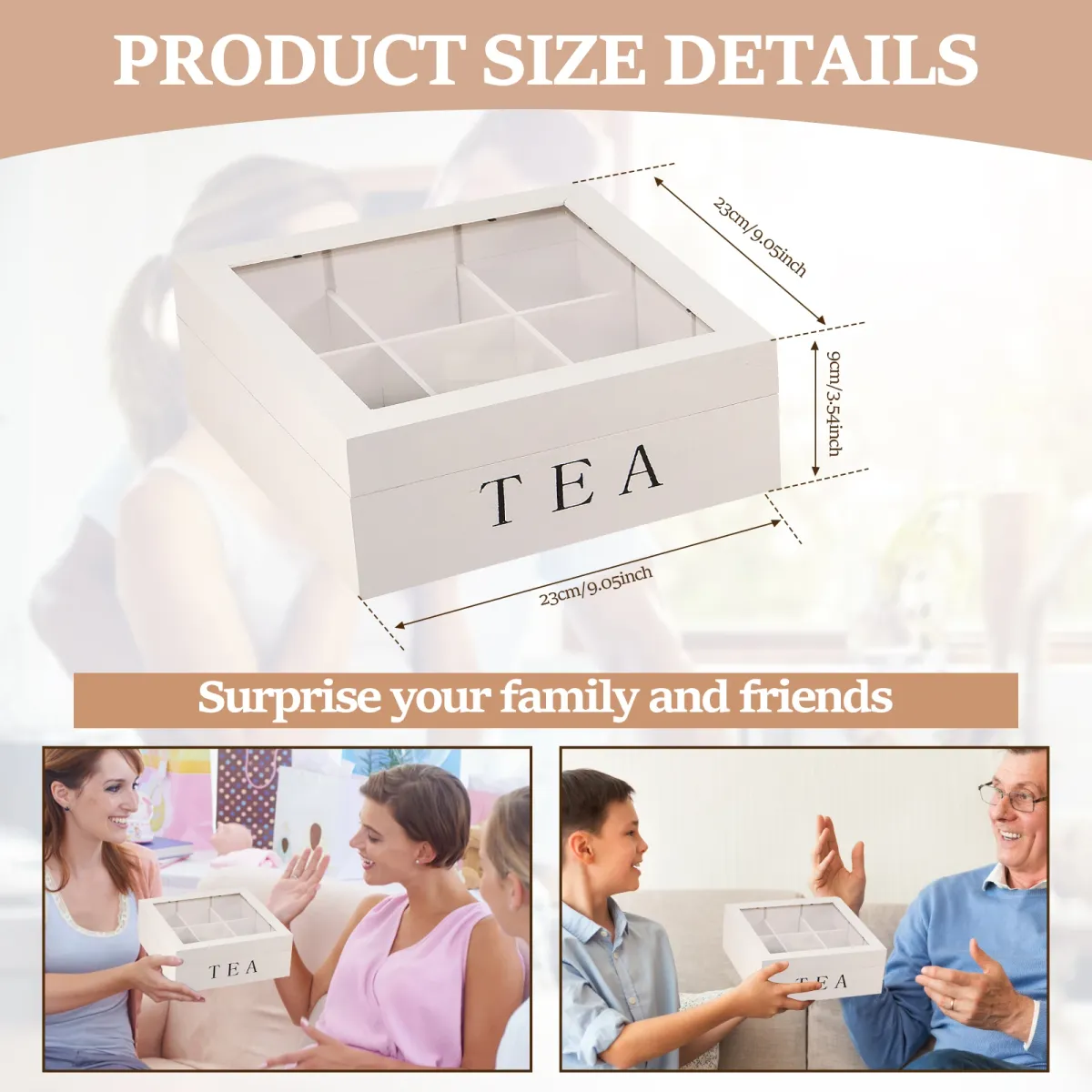 Wooden Tea Bag Storage Box Organizer with Clear Lid, 9 Compartment Square Desktop Container for Tea, Jewelry, Craft Supplies, Home Office showcase 3