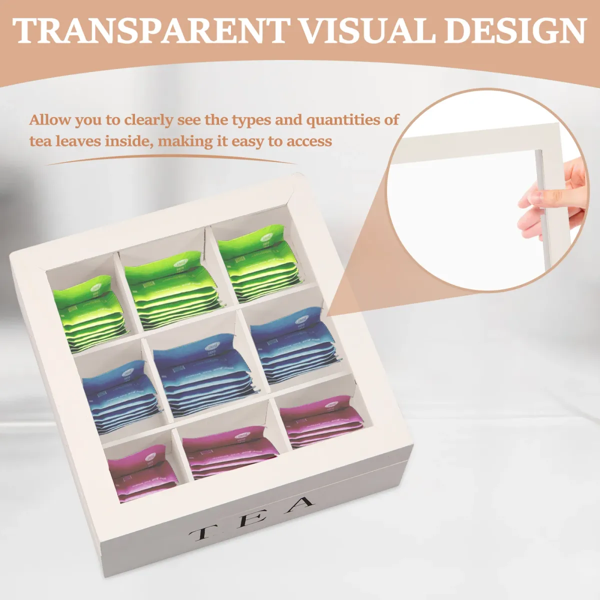 Wooden Tea Bag Storage Box Organizer with Clear Lid, 9 Compartment Square Desktop Container for Tea, Jewelry, Craft Supplies, Home Office showcase 6
