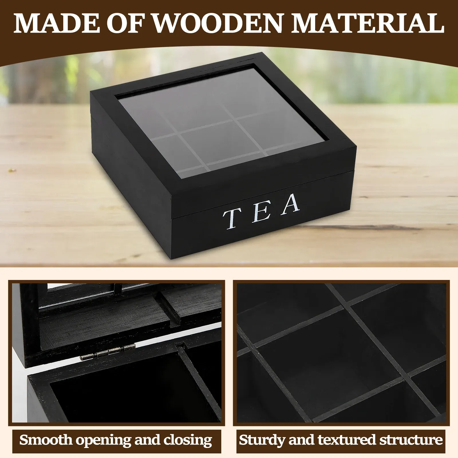 Wooden Tea Bag Storage Box Organizer with Clear Lid, 9 Compartment Square Desktop Container for Tea, Jewelry, Craft Supplies, Home Office thumbnail 4