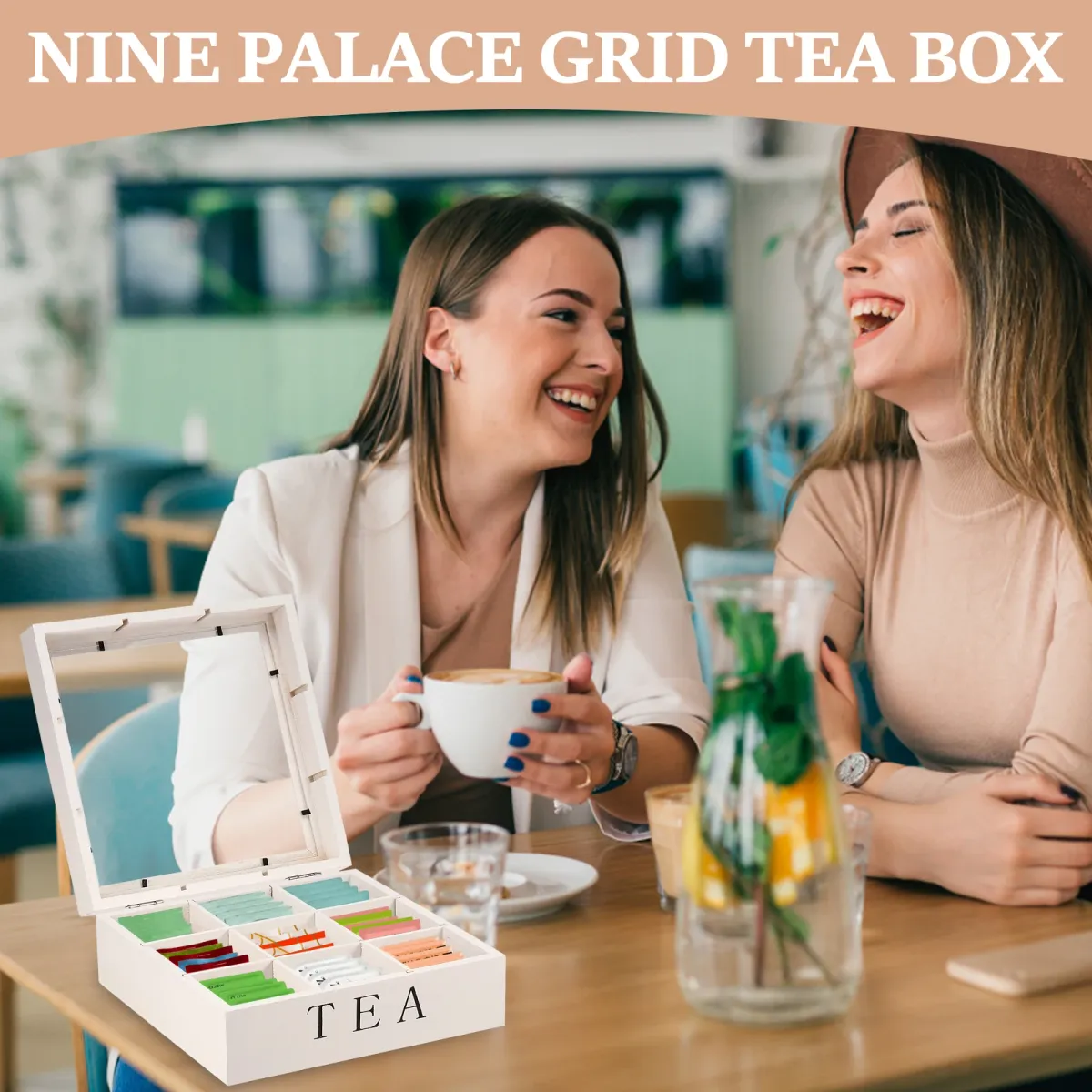 Wooden Tea Bag Storage Box Organizer with Clear Lid, 9 Compartment Square Desktop Container for Tea, Jewelry, Craft Supplies, Home Office showcase 4