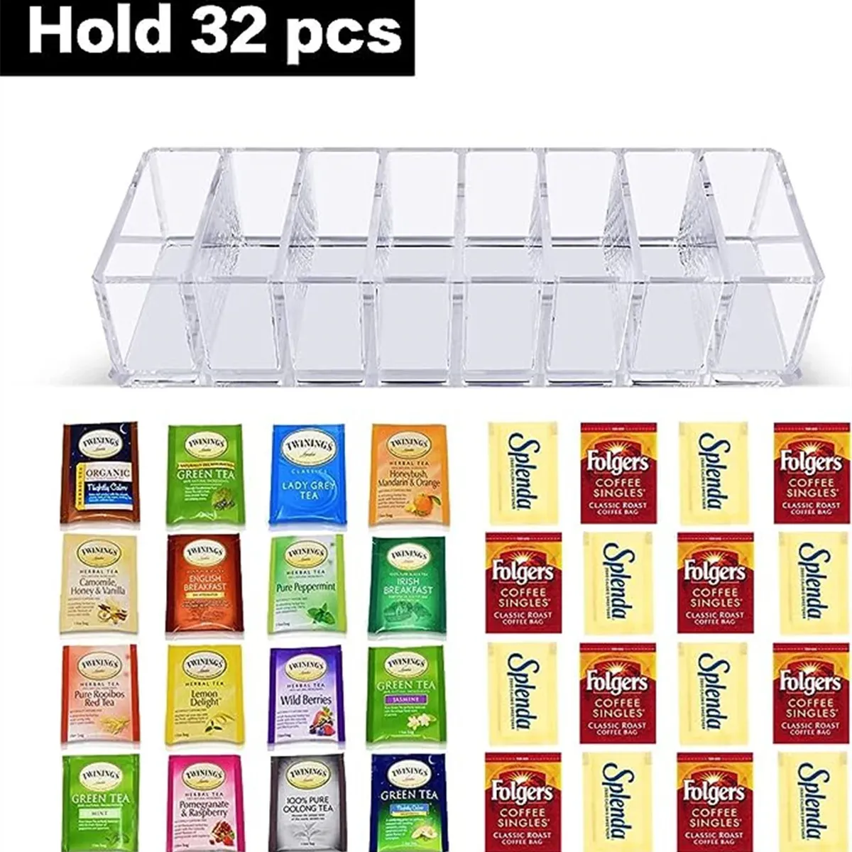 8 Compartment Acrylic Tea Bag Organizer Box for Instant Coffee, Creamer, Sugar Packets - Clear Display Drawer for Cosmetics & Small Items thumbnail 3