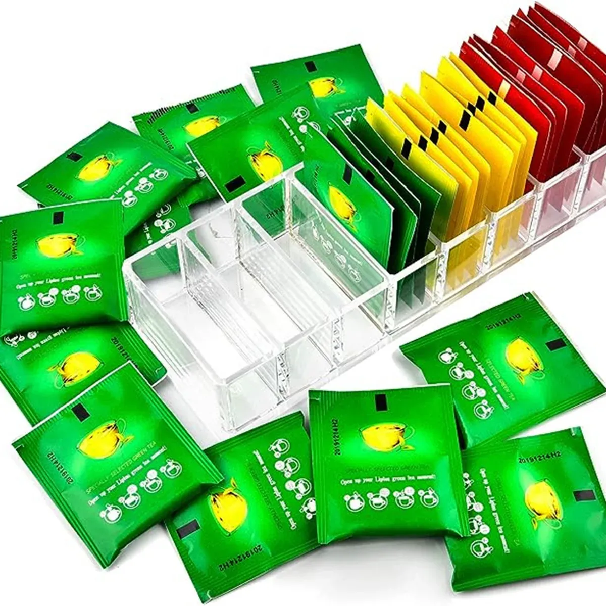 8 Compartment Acrylic Tea Bag Organizer Box for Instant Coffee, Creamer, Sugar Packets - Clear Display Drawer for Cosmetics & Small Items thumbnail 6