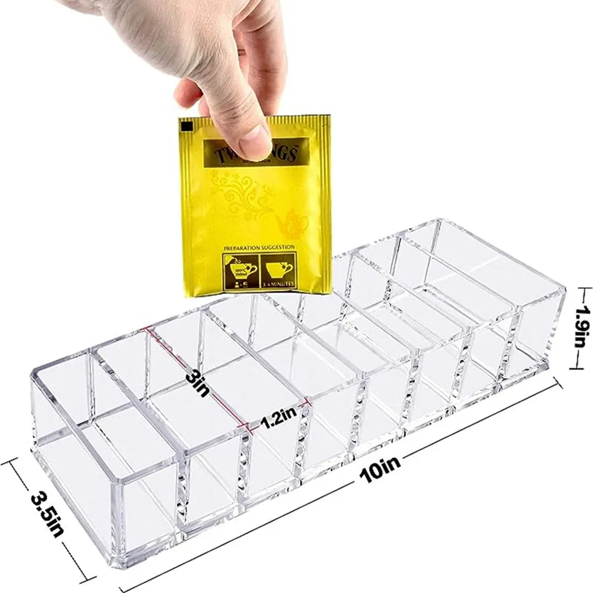 8 Compartment Acrylic Tea Bag Organizer Box for Instant Coffee, Creamer, Sugar Packets - Clear Display Drawer for Cosmetics & Small Items thumbnail 2