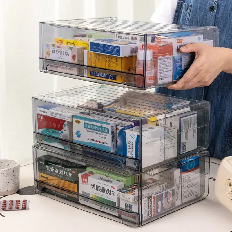 Large Capacity Stackable Acrylic Medicine Storage Box with Drawer - Transparent Grey, Pull-Out Design for Home Organization & Easy Access showcase 3
