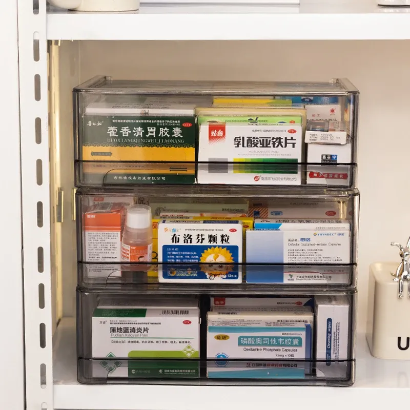 Large Capacity Stackable Acrylic Medicine Storage Box with Drawer - Transparent Grey, Pull-Out Design for Home Organization & Easy Access thumbnail 5