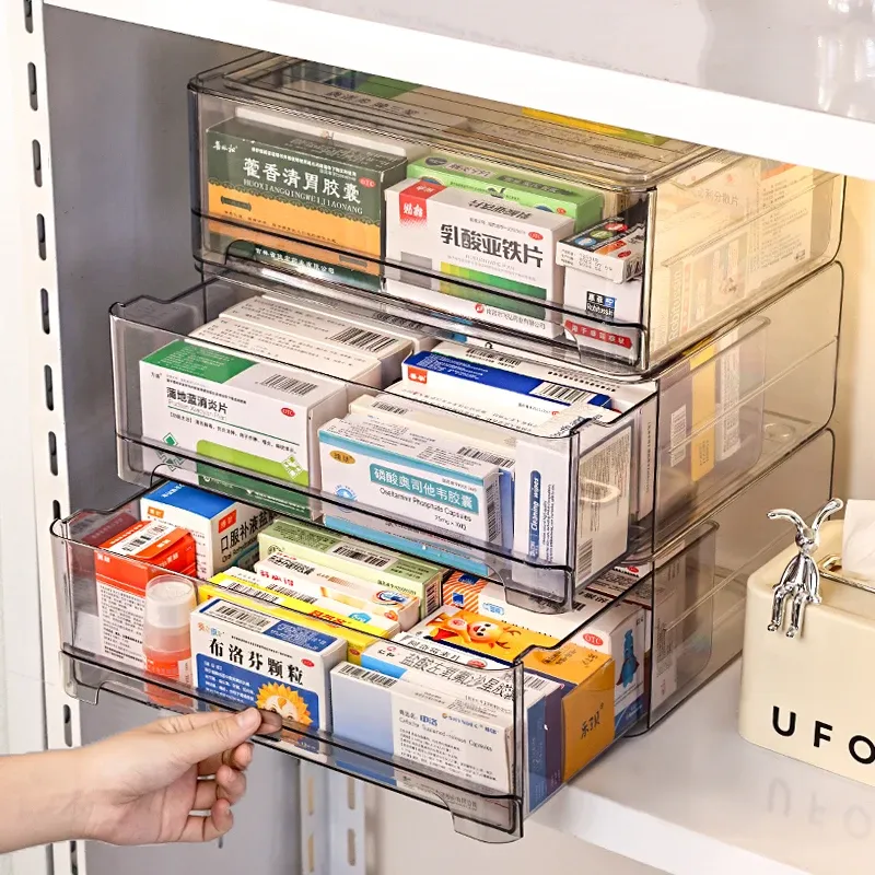 Large Capacity Stackable Acrylic Medicine Storage Box with Drawer - Transparent Grey, Pull-Out Design for Home Organization & Easy Access showcase 4