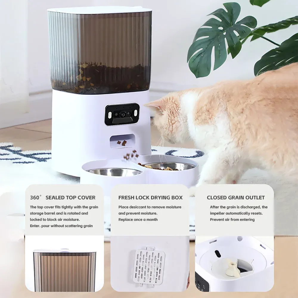Smart Automatic Cat Feeder with Camera - 5L Double Bowls, WiFi Video Dispenser for Dry Food, Voice Recorder, Pet Auto Feeder for Dogs & Cats, Night Vision, Motion Detection thumbnail 5