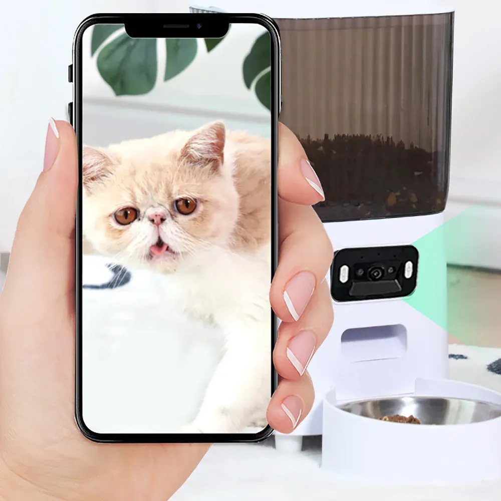 Smart Automatic Cat Feeder with Camera - 5L Double Bowls, WiFi Video Dispenser for Dry Food, Voice Recorder, Pet Auto Feeder for Dogs & Cats, Night Vision, Motion Detection showcase 1
