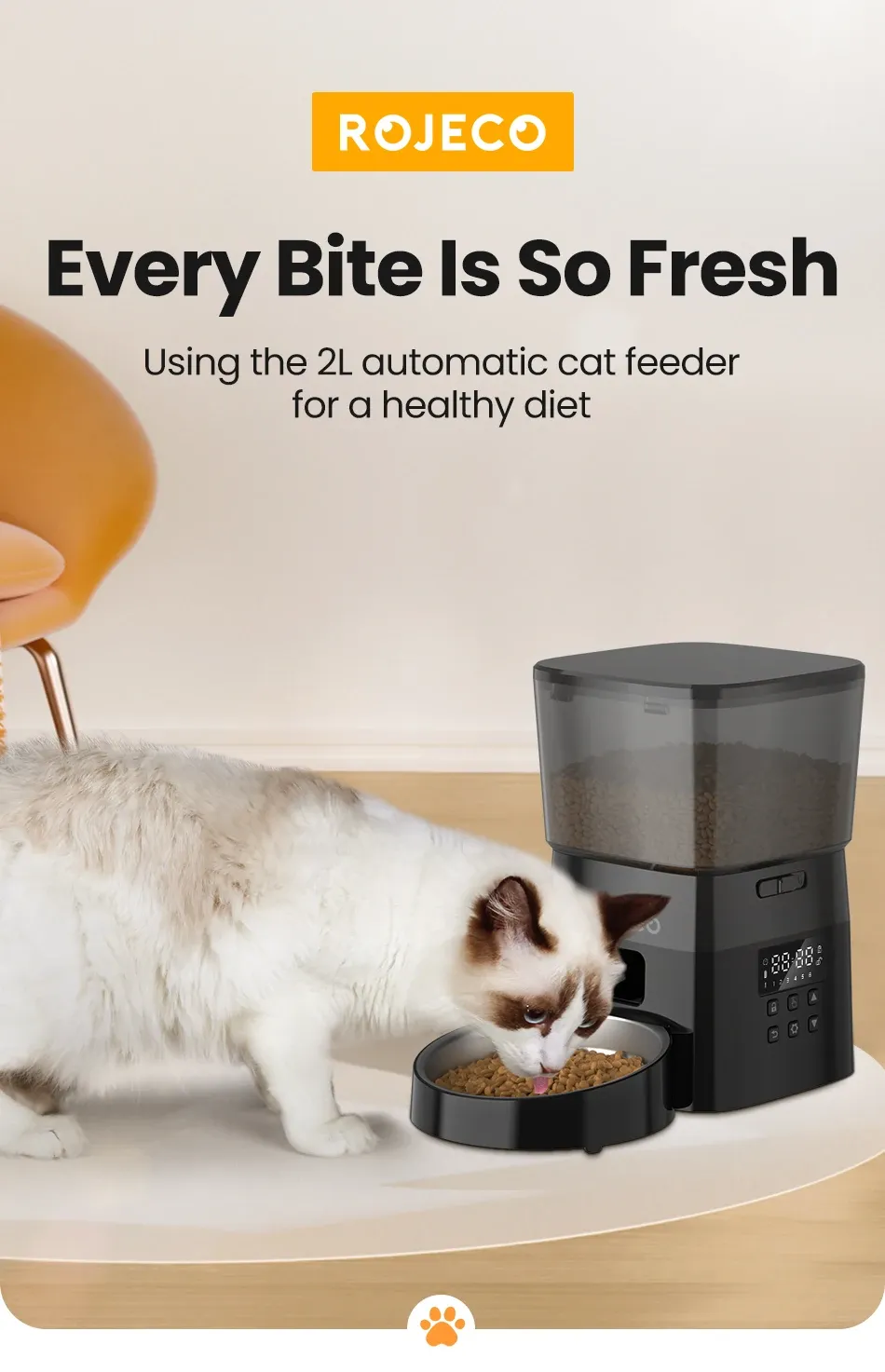 ROJECO Automatic Pet Feeder for Cats and Dogs, Smart Button Control Dry Food Dispenser, Programmable Portion Control, Essential Pet Accessories for Busy Owners showcase 1