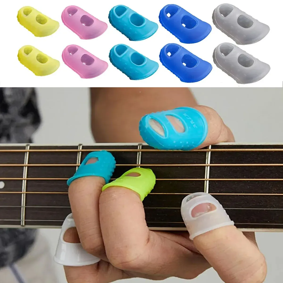 10PCS Silicone Guitar Fingertip Protectors - Non-Slip Finger Guards for Beginner Electric Guitar, Bass, Ukulele, Kalimba Players - Assorted Colors & Sizes