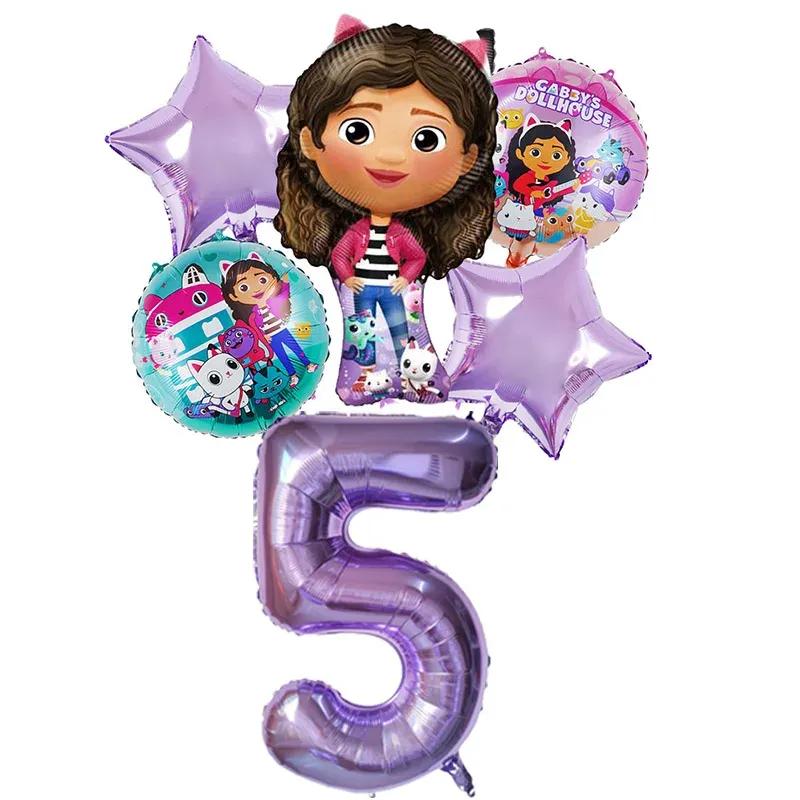 Gabby Dollhouse Balloons Set - 6pcs Metallic Cartoon Party Decorations for Girls' Birthday, Baby Shower, Helium Ready Globos