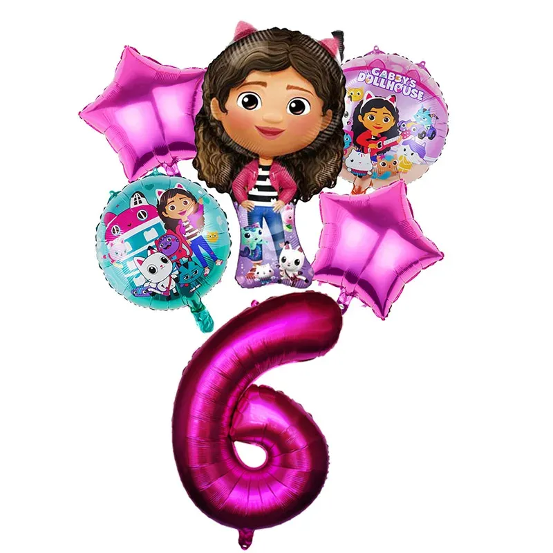 Gabby Dollhouse Balloons Set - 6pcs Metallic Cartoon Party Decorations for Girls' Birthday, Baby Shower, Helium Ready Globos showcase 6