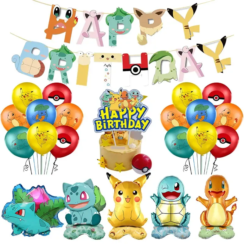 Pikachu Pokemon Birthday Party Supplies Set - Foil Balloons, Disposable Tableware, Plates, Napkins, Banner for Kids Boys Celebration