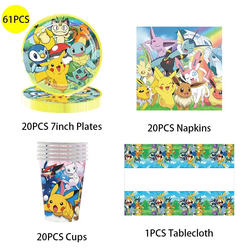 Pikachu Pokemon Birthday Party Supplies Set - Foil Balloons, Disposable Tableware, Plates, Napkins, Banner for Kids Boys Celebration showcase 6