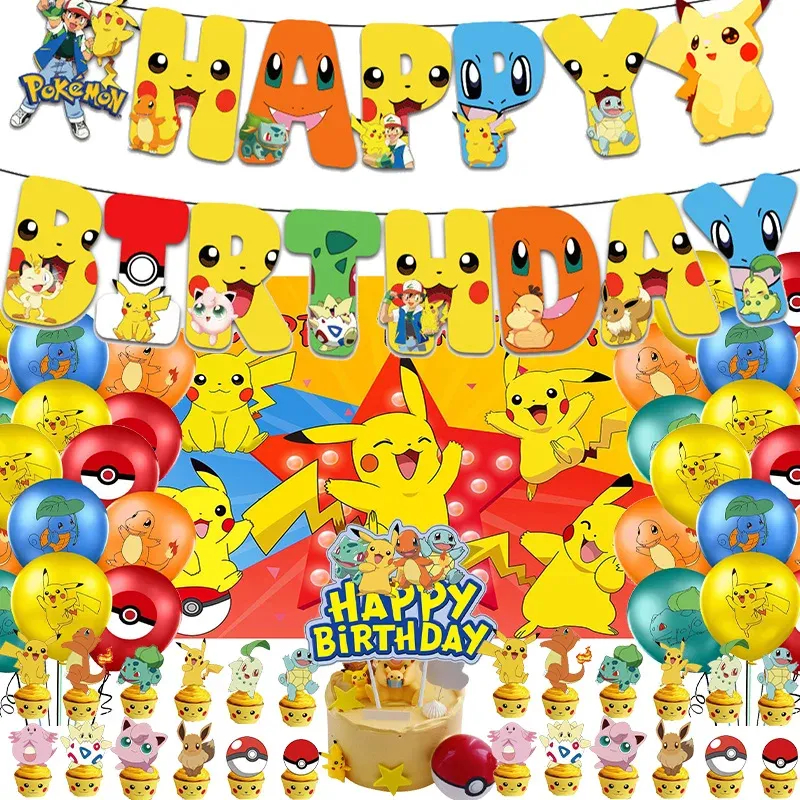 Pikachu Pokemon Birthday Party Supplies Set - Foil Balloons, Disposable Tableware, Plates, Napkins, Banner for Kids Boys Celebration showcase 2