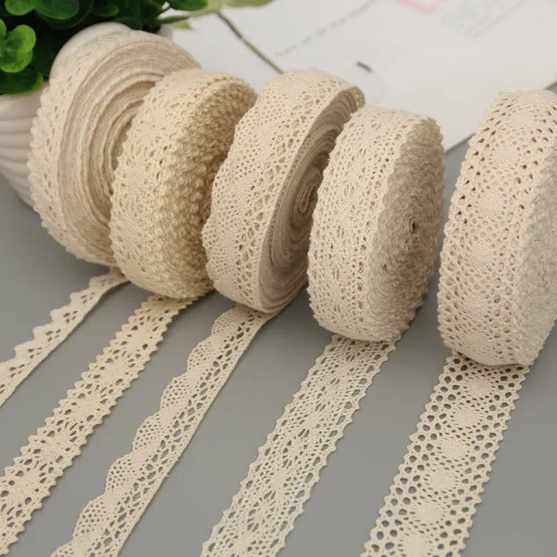 5 Meters Cotton Lace Trim Ribbon - Beige Crochet Fabric for DIY Crafts, Wedding Decor, Sewing, Gift Wrapping, and Party Decorations