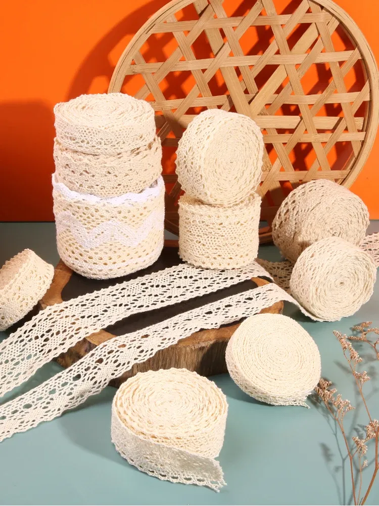 5 Meters Cotton Lace Trim Ribbon - Beige Crochet Fabric for DIY Crafts, Wedding Decor, Sewing, Gift Wrapping, and Party Decorations showcase 2