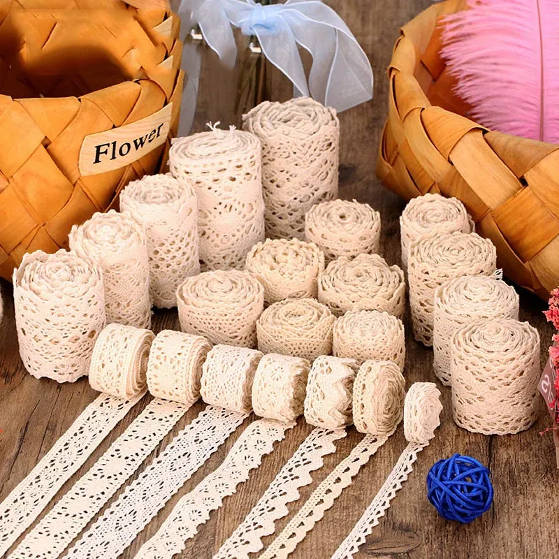 5 Meters Cotton Lace Trim Ribbon - Beige Crochet Fabric for DIY Crafts, Wedding Decor, Sewing, Gift Wrapping, and Party Decorations showcase 5