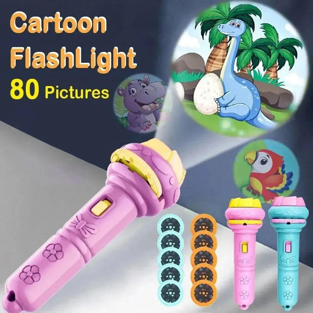 80 Patterns Cartoon Projection Flashlight Toy for Kids 3-6 Years Old, Creative Educational Science Projector with 10 Random Cards, Perfect for Bedtime Stories & Learning