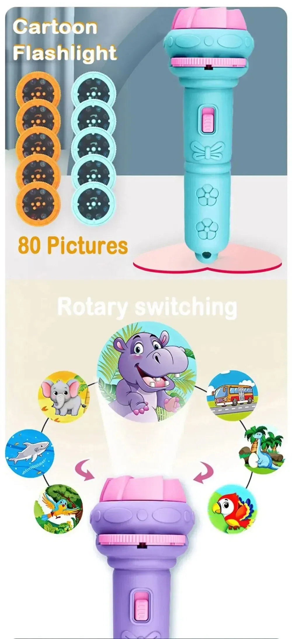 80 Pattern Cartoon Projection Flashlight Toy for Kids, Educational Bedtime Story Projector with 10 Random Cards, Fun Science Learning Toy for Ages 3-6 showcase 3