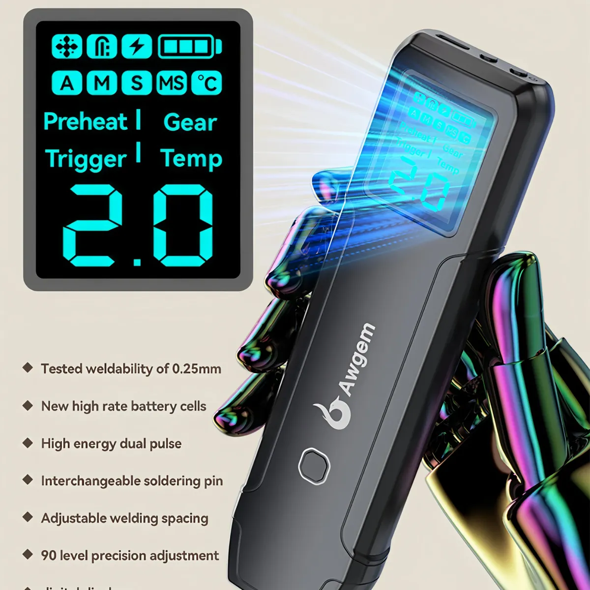 Awgem Portable Spot Welder DIY Handheld Machine for 18650 Lithium Batteries, 90 Gears Adjustable Power, Built-in Pen, Overcharge & Temp Protection showcase 6