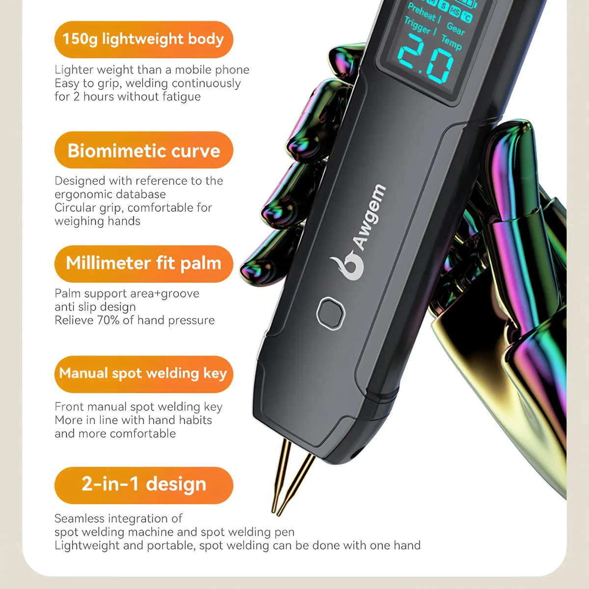 Awgem Portable Spot Welder DIY Handheld Machine for 18650 Lithium Batteries, 90 Gears Adjustable Power, Built-in Pen, Overcharge & Temp Protection showcase 22