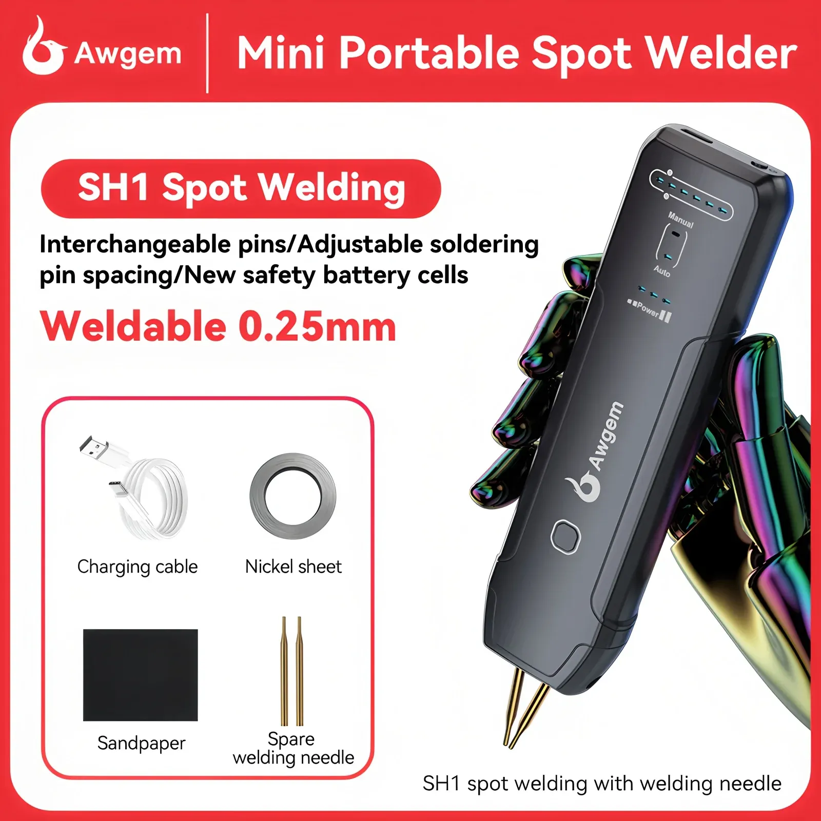 Awgem Portable Spot Welder DIY Handheld Machine for 18650 Lithium Batteries, 90 Gears Adjustable Power, Built-in Pen, Overcharge & Temp Protection thumbnail 6