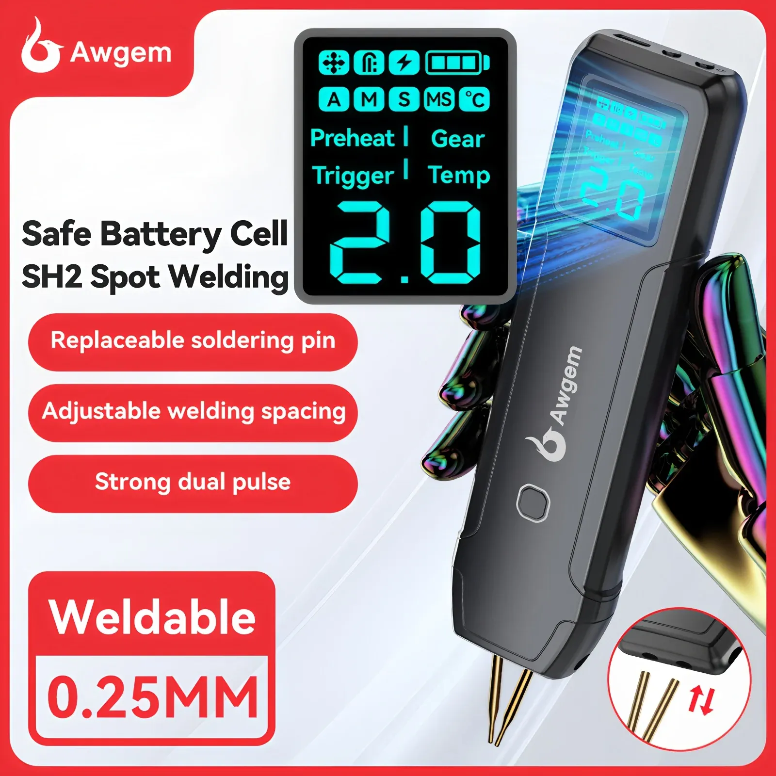 Awgem Portable Spot Welder DIY Handheld Machine for 18650 Lithium Batteries, 90 Gears Adjustable Power, Built-in Pen, Overcharge & Temp Protection