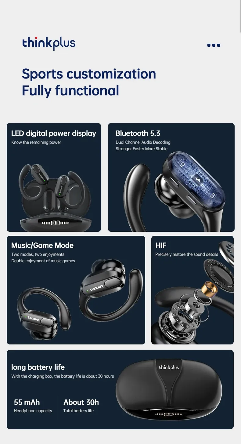 Lenovo XT80 Sports Wireless Earphones with Mic, Bluetooth 5.3, LED Power Display, Hifi Stereo Sound, Ear Hook Design for Active Lifestyles showcase 2
