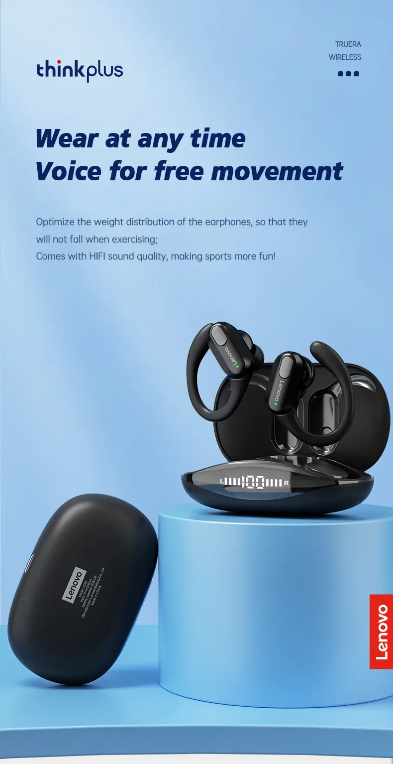 Lenovo XT80 Sports Wireless Earphones with Mic, Bluetooth 5.3, LED Power Display, Hifi Stereo Sound, Ear Hook Design for Active Lifestyles showcase 1