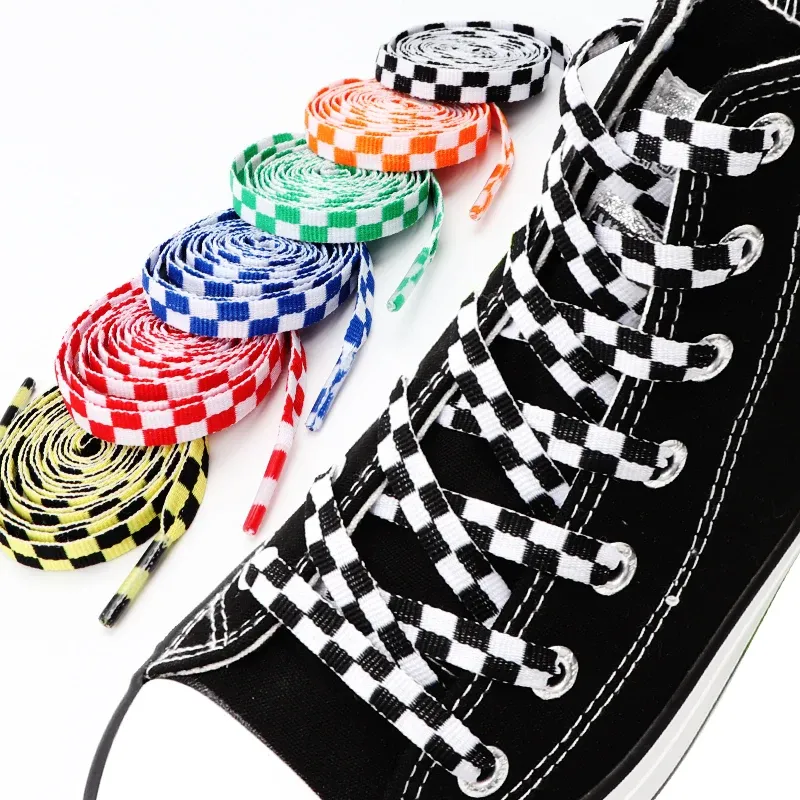 Flat Checkered Grid Shoelaces for Sneakers - Stylish Black & White Plaid Shoe Laces for Men & Women - Durable Polyester Laces (1 Pair) thumbnail 1