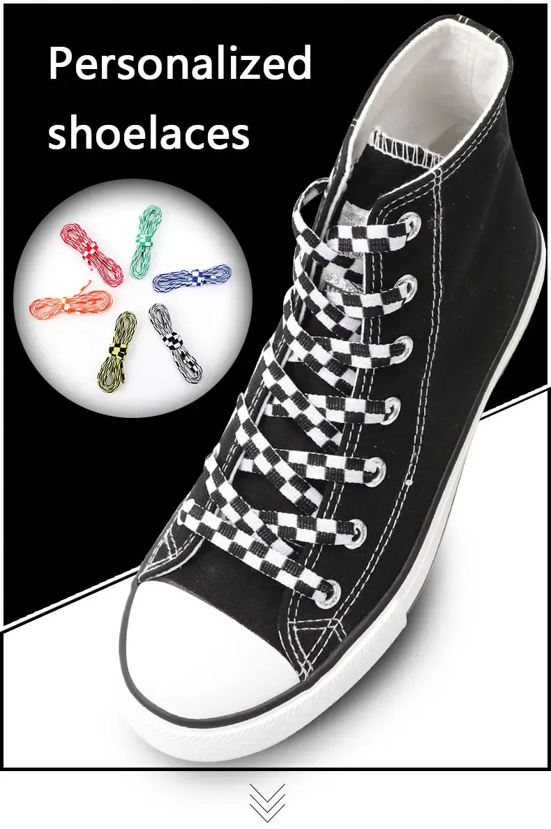 Flat Checkered Grid Shoelaces for Sneakers - Stylish Black & White Plaid Shoe Laces for Men & Women - Durable Polyester Laces (1 Pair) showcase 1
