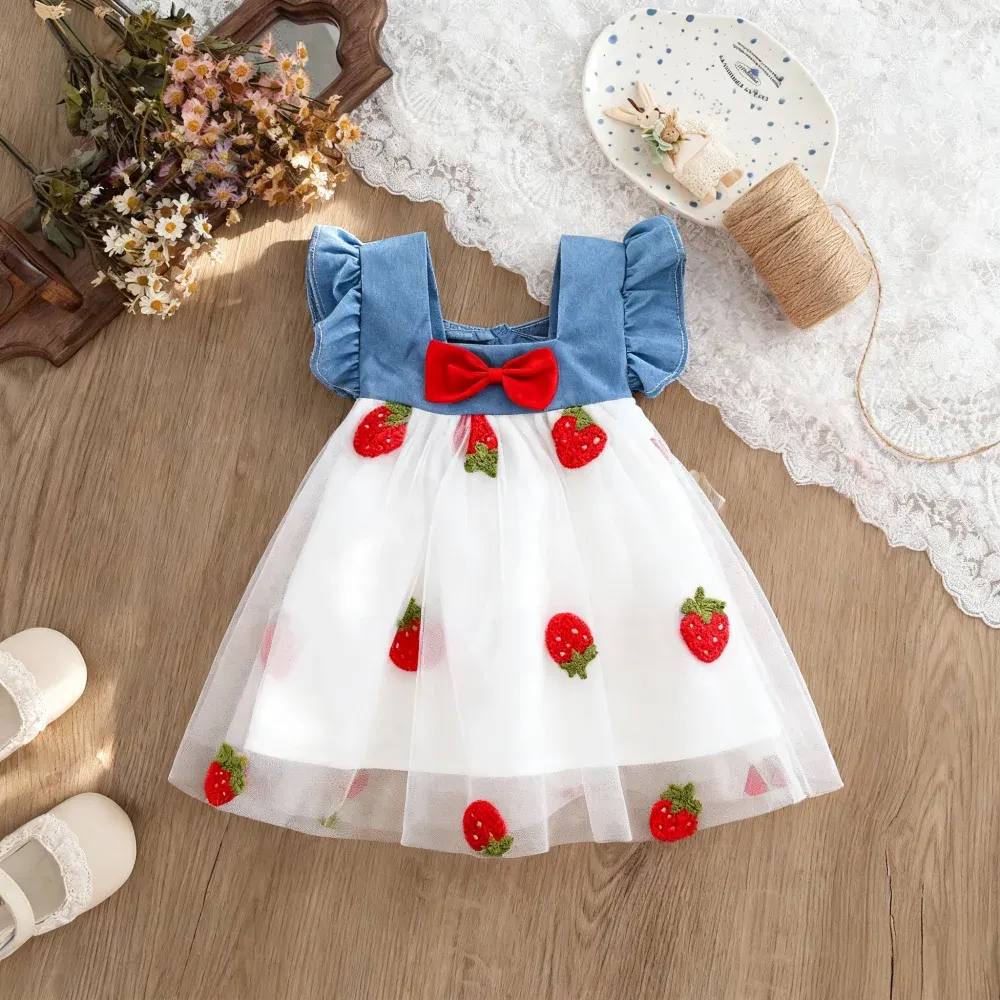 Cute Cherry Mesh Baby Girl Dress Summer Beach Style Toddler Princess Party Clothes for Girls 1-5 Years thumbnail 1