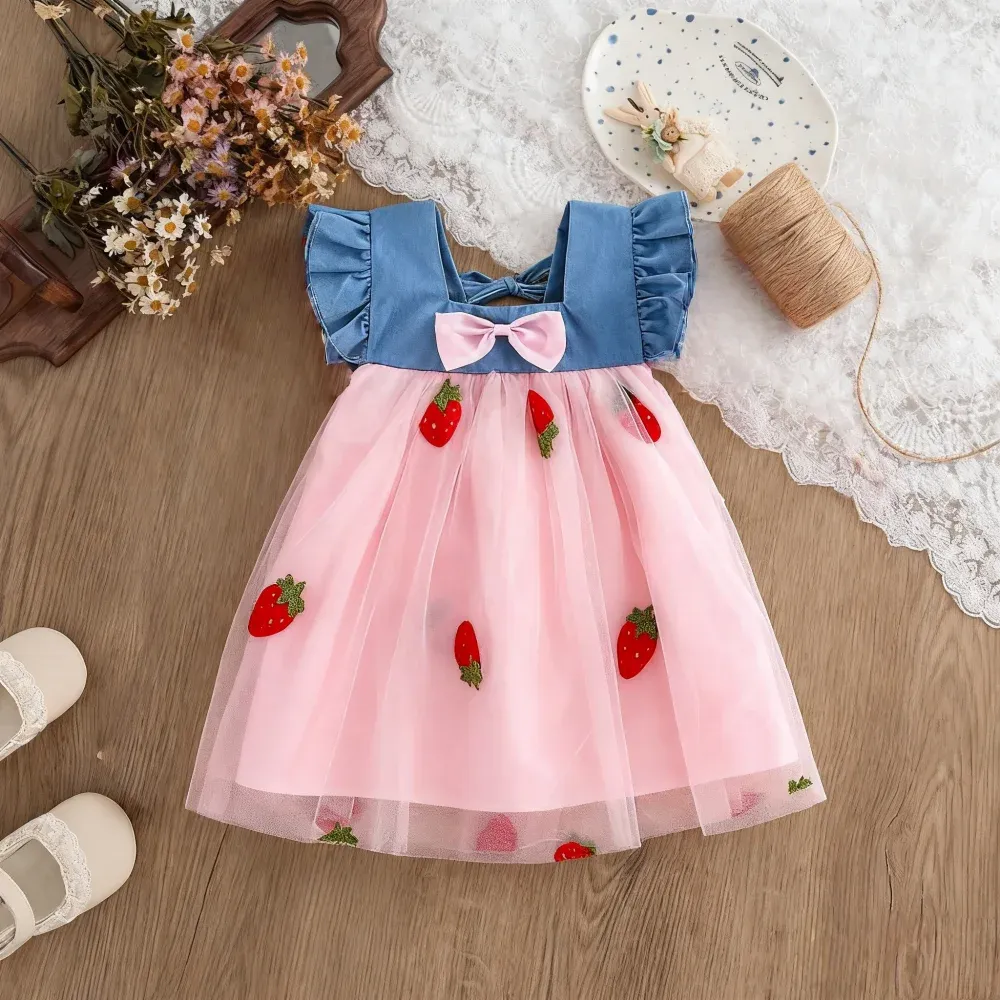 Cute Cherry Mesh Baby Girl Dress Summer Beach Style Toddler Princess Party Clothes for Girls 1-5 Years thumbnail 2