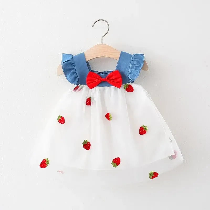 Cute Cherry Mesh Baby Girl Dress Summer Beach Style Toddler Princess Party Clothes for Girls 1-5 Years showcase 3