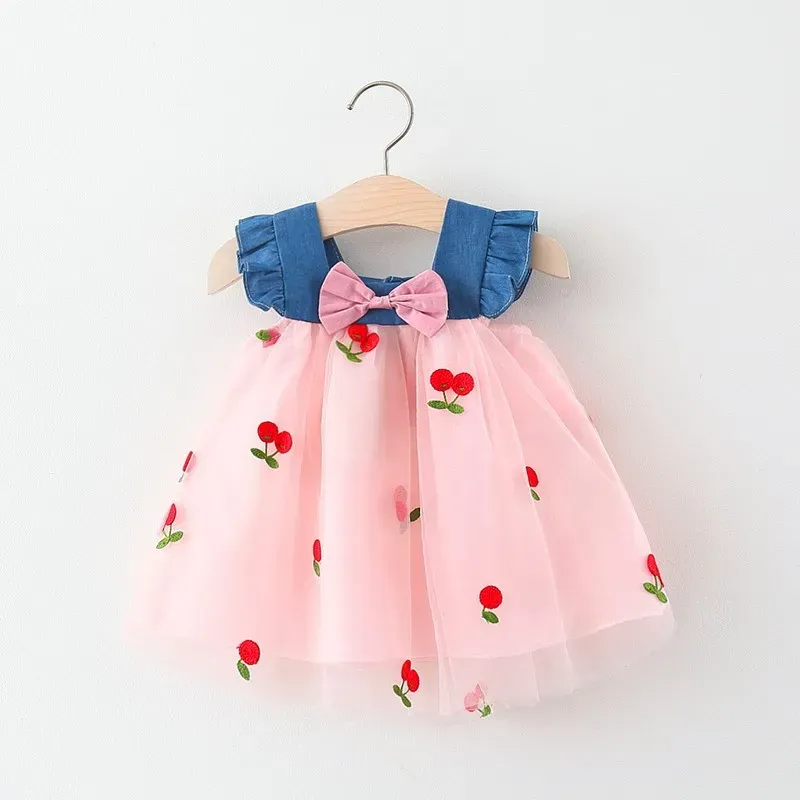 Cute Cherry Mesh Baby Girl Dress Summer Beach Style Toddler Princess Party Clothes for Girls 1-5 Years showcase 5