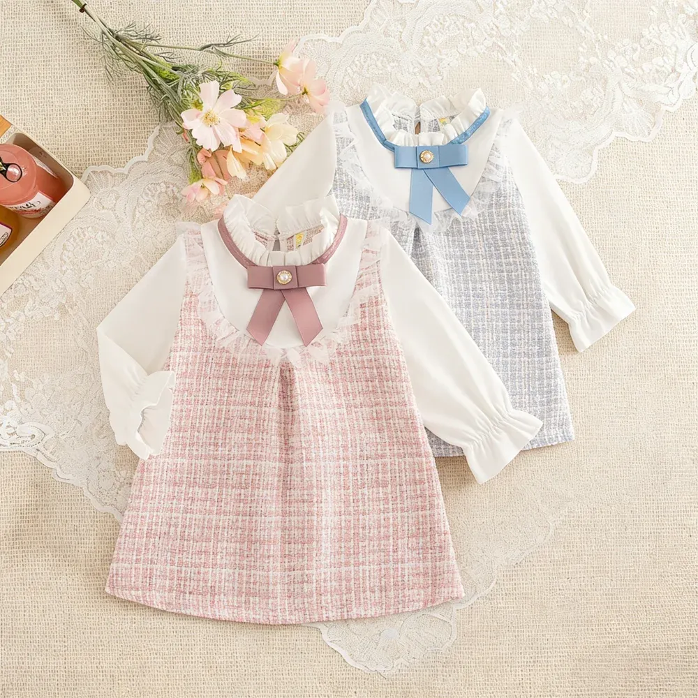 Adorable Baby Girl Plaid Dress with Bow-Tie Detail, Long Sleeve Princess Style for Spring and Fall, Perfect for Toddlers and Infants thumbnail 1