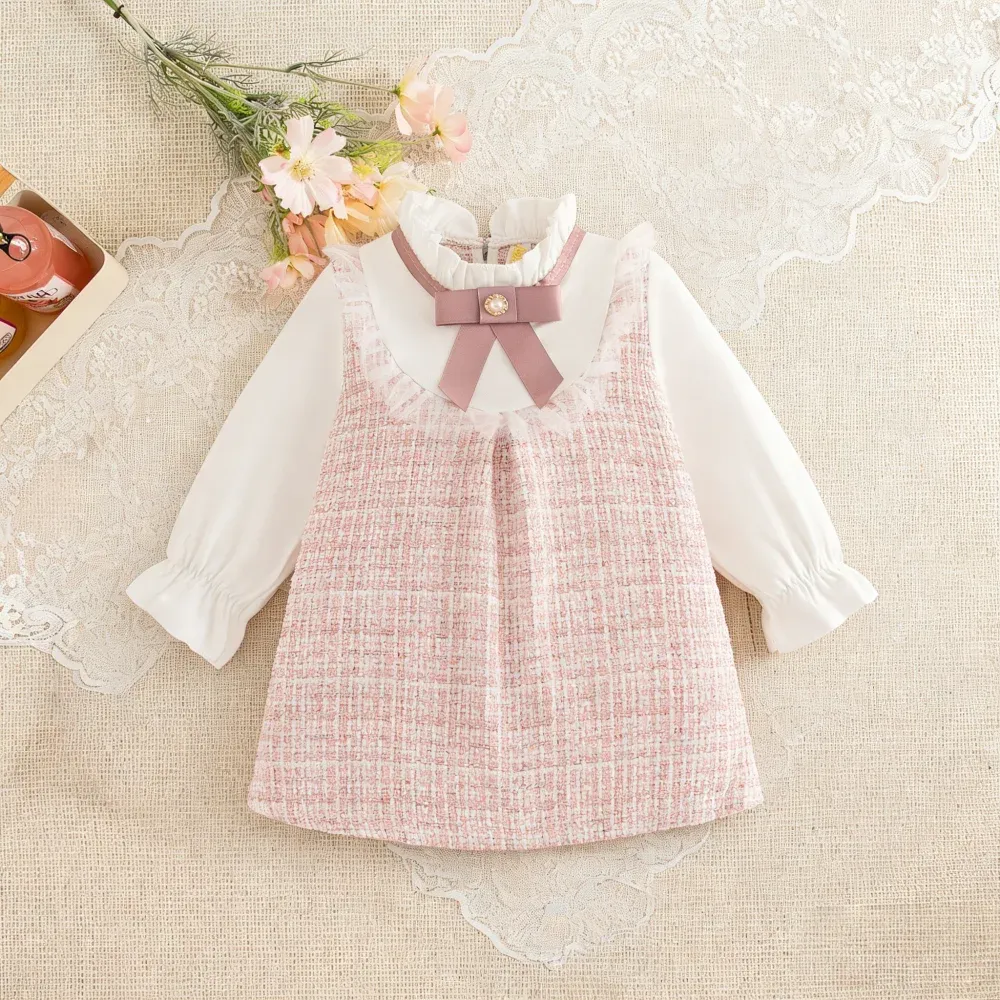 Adorable Baby Girl Plaid Dress with Bow-Tie Detail, Long Sleeve Princess Style for Spring and Fall, Perfect for Toddlers and Infants thumbnail 2