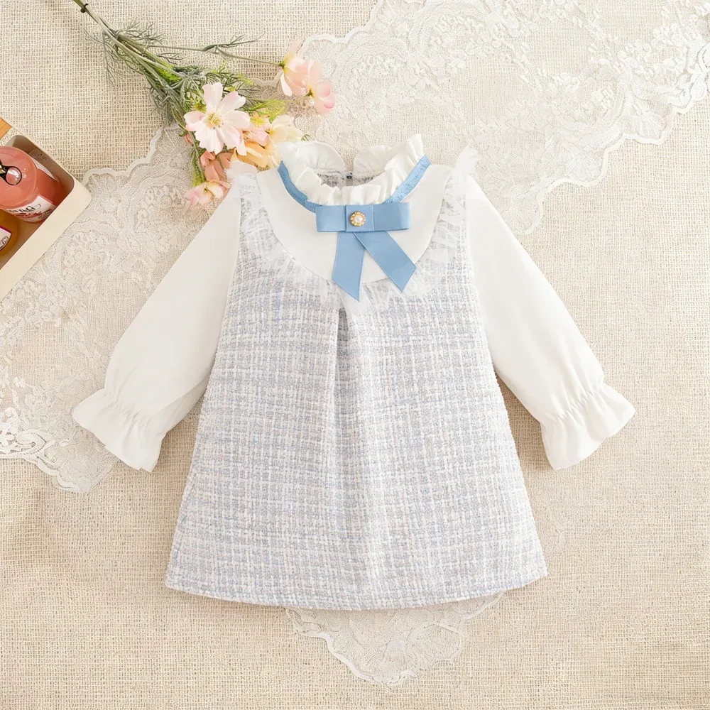 Adorable Baby Girl Plaid Dress with Bow-Tie Detail, Long Sleeve Princess Style for Spring and Fall, Perfect for Toddlers and Infants thumbnail 3