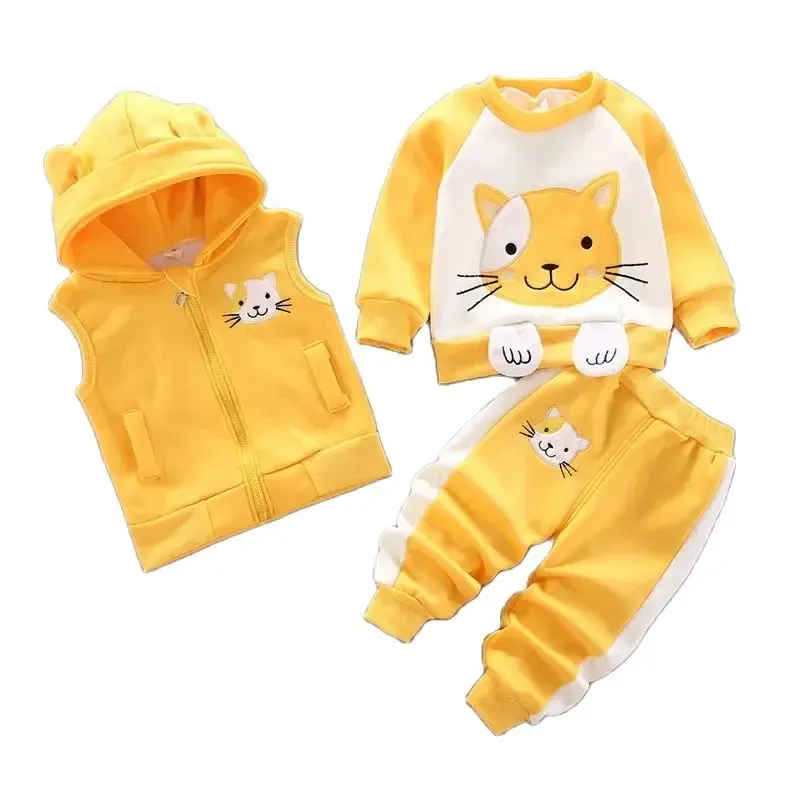 Winter Baby Fleece Clothing Set - Warm Cotton Thicken Hooded Sweater & Cartoon Bear Pants 3Pcs Outfit for Boys & Girls, Ages 9 Months to 4 Years thumbnail 1