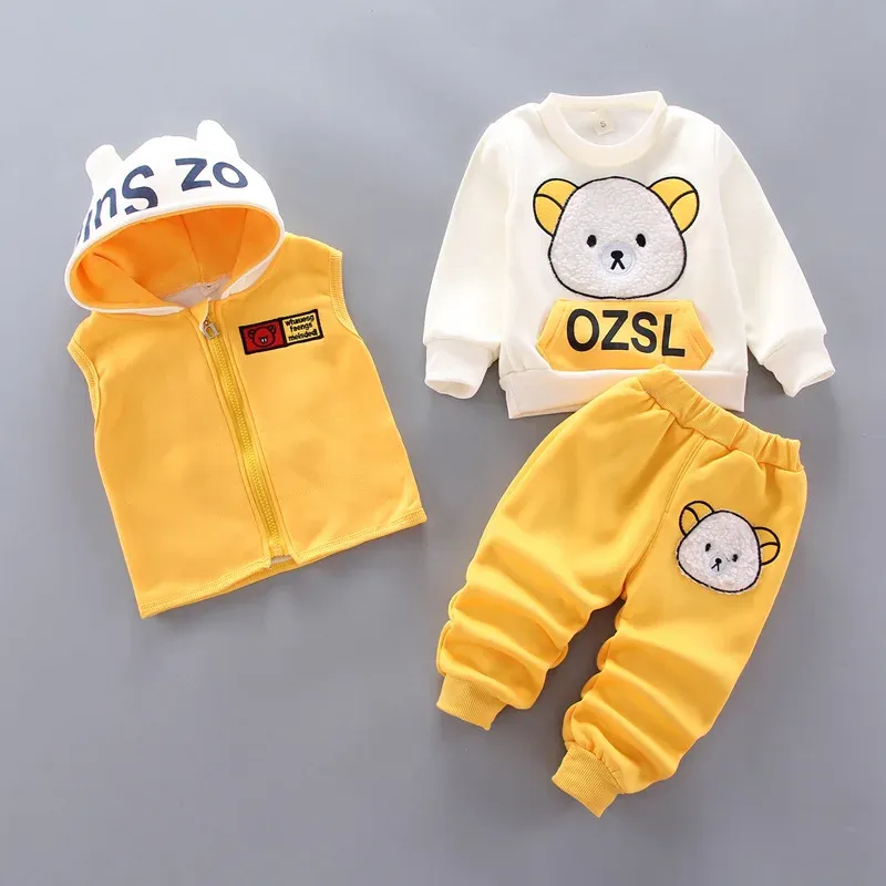 Winter Baby Fleece Clothing Set - Warm Cotton Thicken Hooded Sweater & Cartoon Bear Pants 3Pcs Outfit for Boys & Girls, Ages 9 Months to 4 Years thumbnail 3