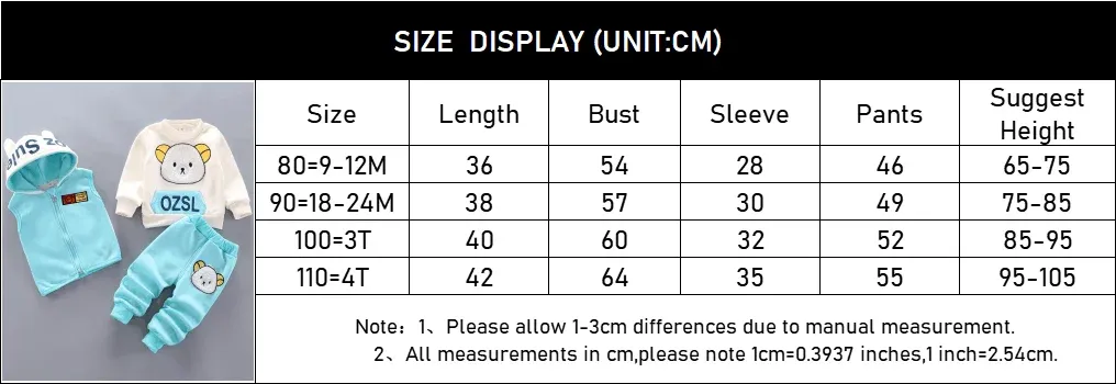 Winter Baby Fleece Clothing Set - Warm Cotton Thicken Hooded Sweater & Cartoon Bear Pants 3Pcs Outfit for Boys & Girls, Ages 9 Months to 4 Years showcase 2