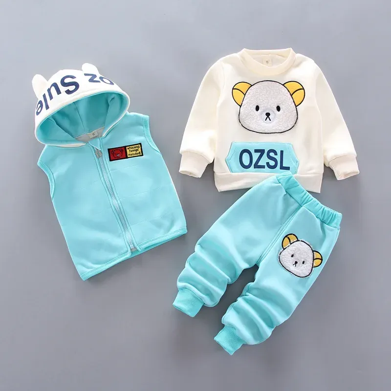 Winter Baby Fleece Clothing Set - Warm Cotton Thicken Hooded Sweater & Cartoon Bear Pants 3Pcs Outfit for Boys & Girls, Ages 9 Months to 4 Years thumbnail 5