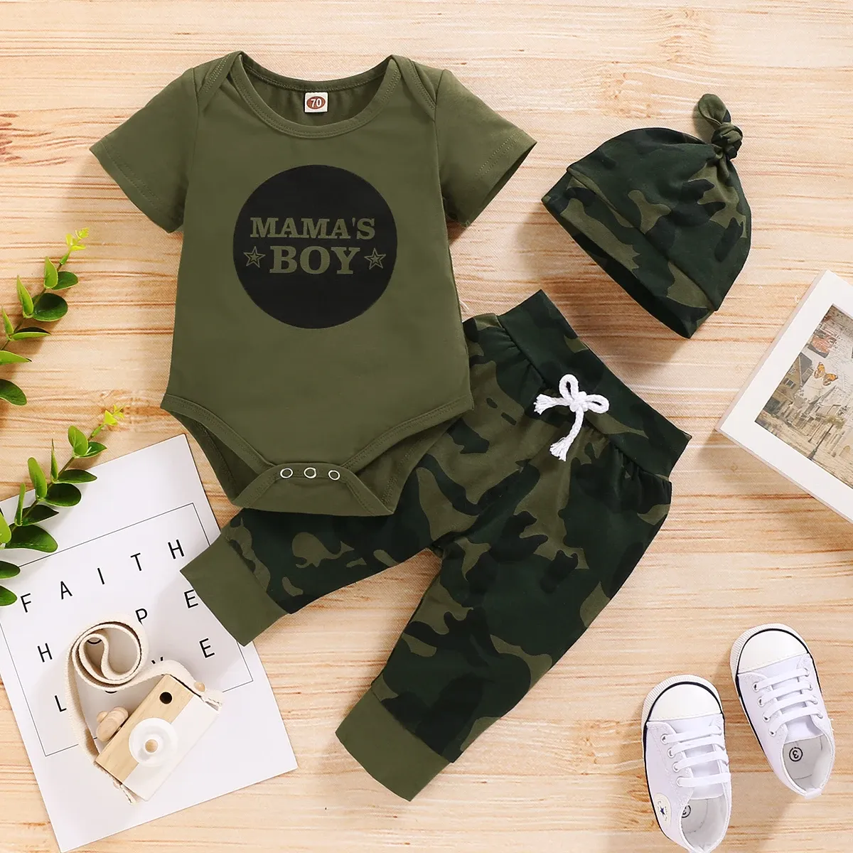 Newborn Baby Boy Summer Outfit Set: Letter Print Short Sleeve Romper, Camouflage Pants & Hat - 3 Piece Toddler Clothes for 0-18 Months thumbnail 1