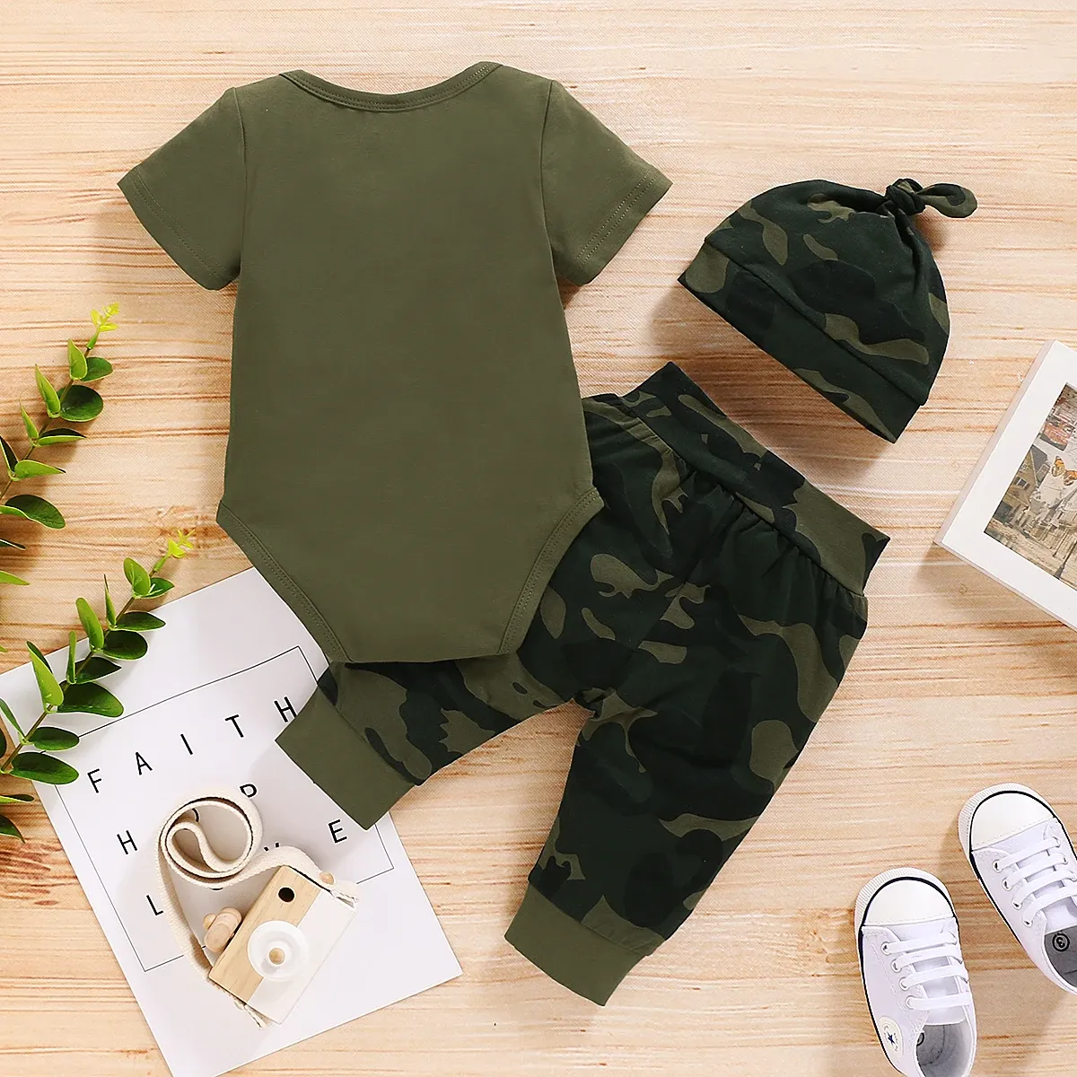 Newborn Baby Boy Summer Outfit Set: Letter Print Short Sleeve Romper, Camouflage Pants & Hat - 3 Piece Toddler Clothes for 0-18 Months showcase 9